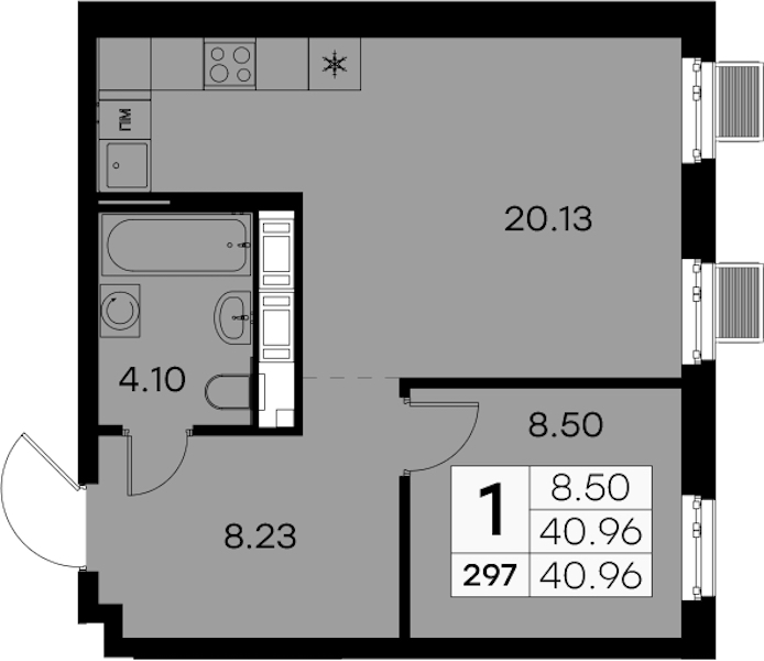 1-комнатная квартира 40.96 м², 3/9 эт., ЖК «Glorax City Балтийская»